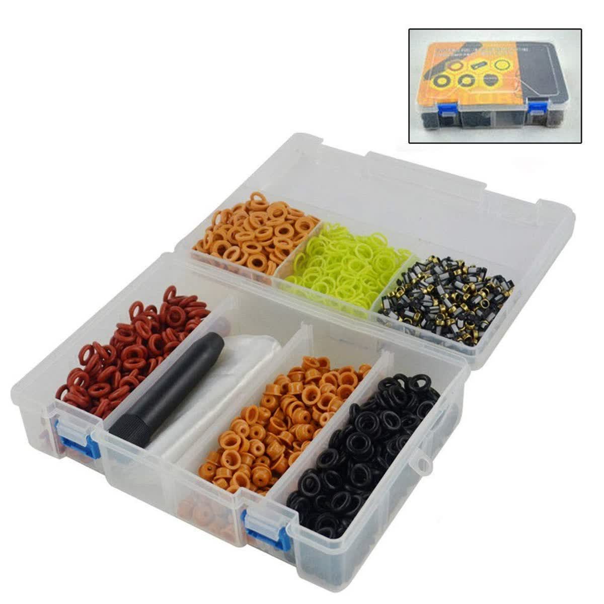 Universal EV1 fuel injector rebuild kit tray — FKM O-rings, seals, spacers, pintle caps, micro filters and the removal tool