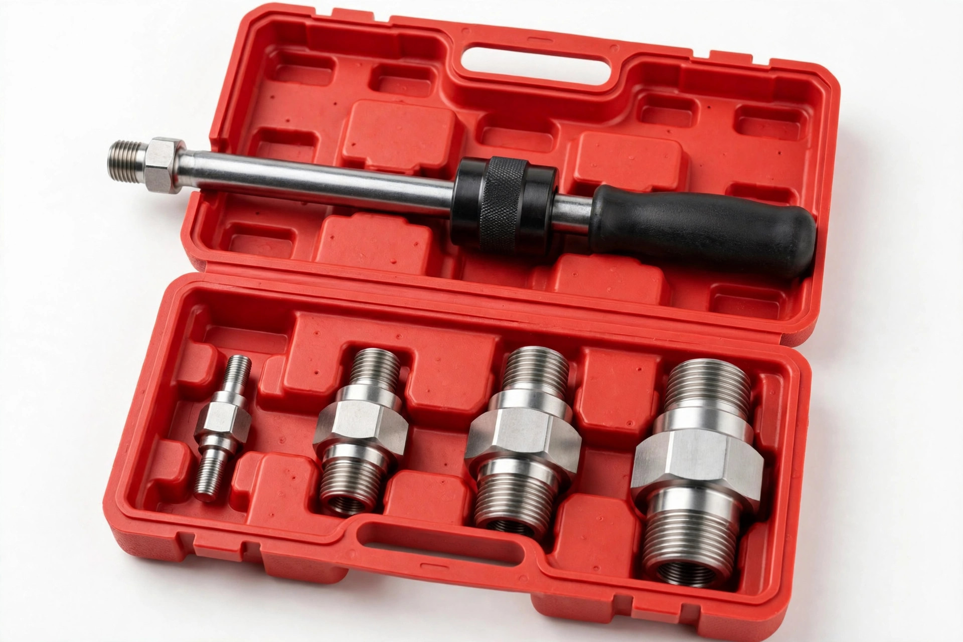 Diesel injector puller tool set with slide hammer in molded case